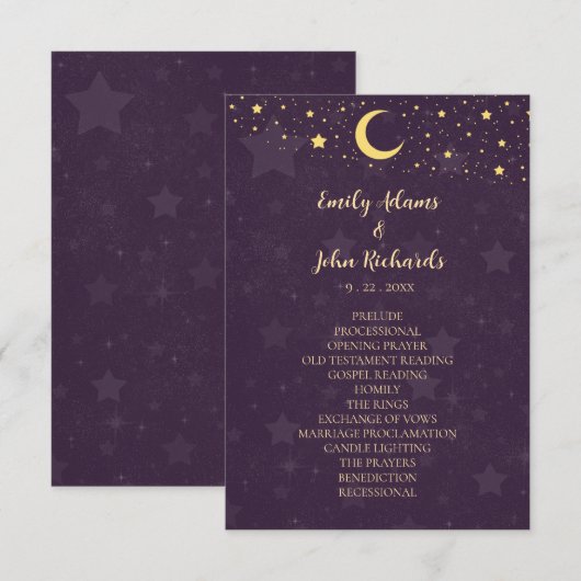 Celestial Paarse Wedding Programma Sterren en Maan (Voorkant / Achterkant)
