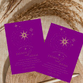 Celestial Paarse zwarte sterren bruiloft uitnodigi Kaart
