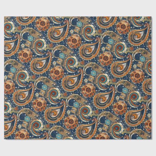 Celestial Paisley Pattern Navy blauw, Sinaasappel, Cadeaupapier (Vlak)