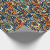 Celestial Paisley Pattern Navy blauw, Sinaasappel, Cadeaupapier (Hoek)