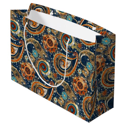 Celestial Paisley Pattern Navy blauw, Sinaasappel, Groot Cadeauzakje (Achterkant Gekanteld)