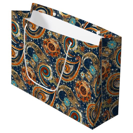 Celestial Paisley Pattern Navy blauw, Sinaasappel, Groot Cadeauzakje (Voorkant Gekanteld)