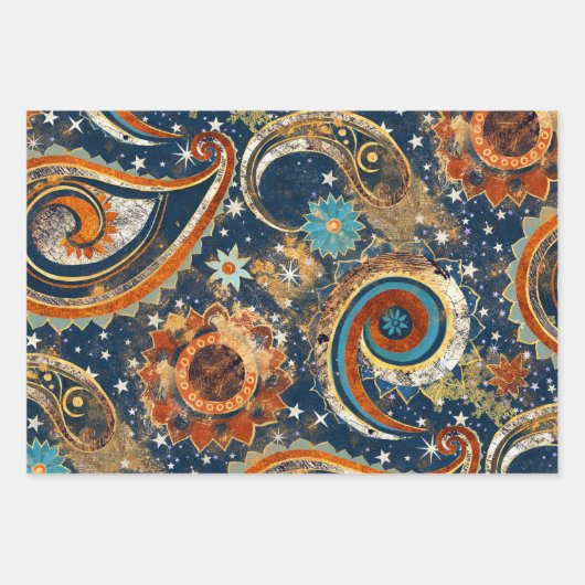 Celestial Paisley Pattern Navy blauw, Sinaasappel, Inpakpapier Vel (Voorkant 3)