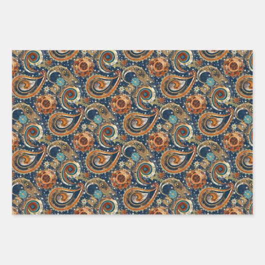 Celestial Paisley Pattern Navy blauw, Sinaasappel, Inpakpapier Vel (Voorkant 2)