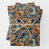 Celestial Paisley Pattern Navy blauw, Sinaasappel, Inpakpapier Vel (In situ)