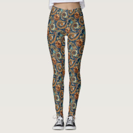 Celestial Paisley Pattern Navy blauw, Sinaasappel, Leggings