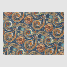 Celestial Paisley Pattern Navy blauw, Sinaasappel,