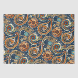 Celestial Paisley Pattern Navy blauw, Sinaasappel, Tissuepapier