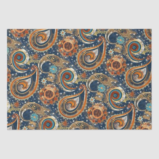 Celestial Paisley Pattern Navy blauw, Sinaasappel, Tissuepapier (Voorkant)