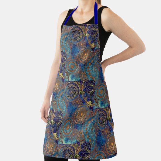 Celestial Pattern in Blue & Gold Hostess Apron Schort (Insitu)