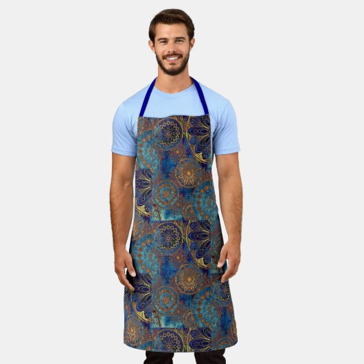 Celestial Pattern in Blue & Gold Hostess Apron Schort (Gedragen)
