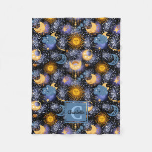 Celestial Pattern Moon Stars Sun Monogram Baby Fleece Deken