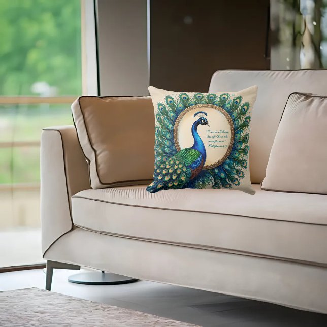 Celestial Peacock Bloom Bible Verse Kussen (Creator heeft geüpload)