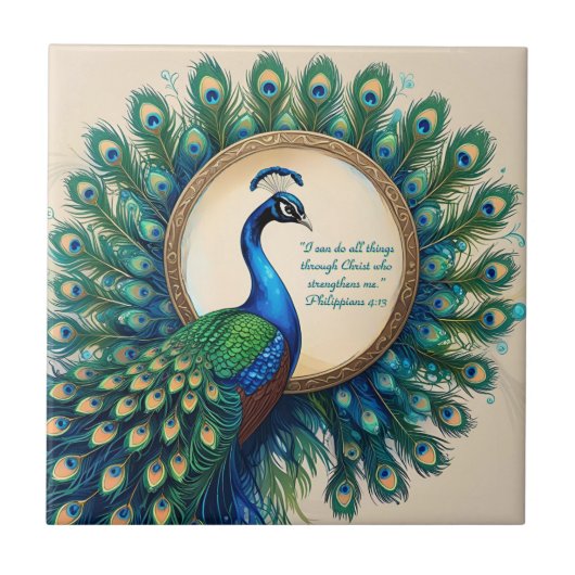 Celestial Peacock Bloom Bible Verse Tegeltje (Voorkant)