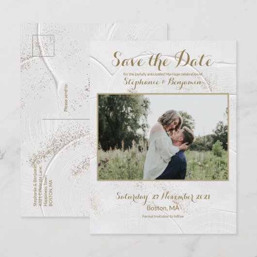 Celestial Photo White Gold Save the Date Briefkaar Aankondigingskaart (Voorkant / Achterkant)