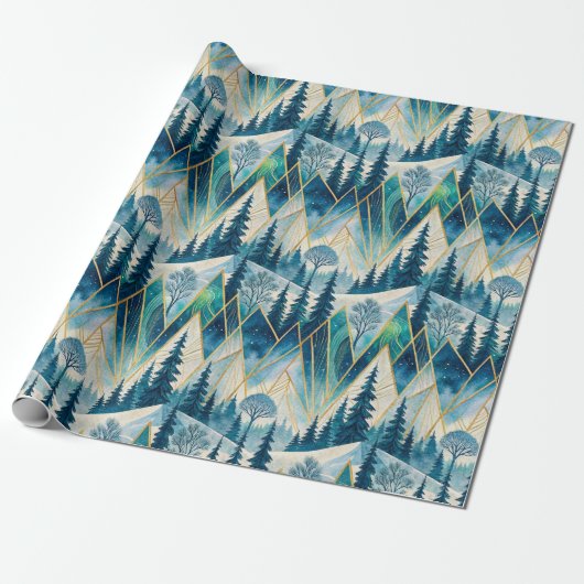 Celestial Pines Mountain Abstract Winter Cadeaupapier (Uitgerold)