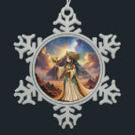 Celestial Priestess of the Golden Pyramid. Tin Sneeuwvlok Ornament<br><div class="desc">Celestial Priestess of the Golden Pyramid. In the golden silence of the desert, where ancient pyramids touch the sky and the stars whisper forgotten stories, a young celestial priestess walks between worlds. Crowned with sacred symbols and carrying a winged staff of divine power, she guards the timeless wisdom of the...</div>