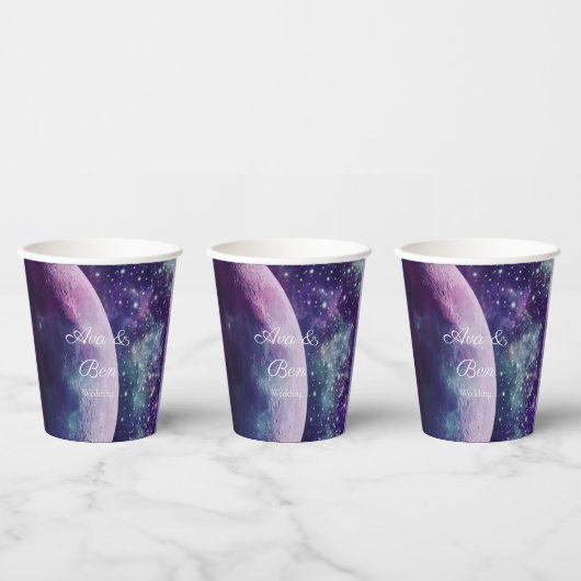 Celestial Purple Galaxy Moon Wedding  Papieren Bekers (Multi)