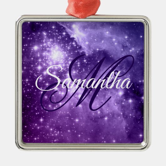 Celestial Purple Starry Sparkle Fancy Monogram Metalen Ornament (Voorkant)