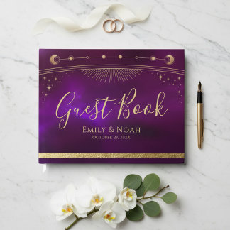 Celestial Purple Teal Gold Sun Moon Stars Wedding Gastenboek