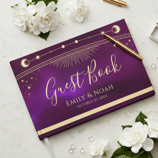 Celestial Purple Teal Gold Sun Moon Stars Wedding Gastenboek