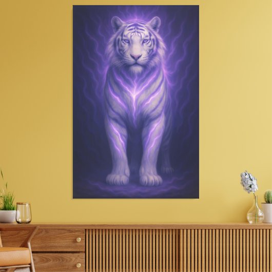 Celestial Purple White Tiger – Divine Aura Fantasy Canvas Afdruk (Insitu (Woonkamer))