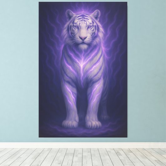 Celestial Purple White Tiger – Divine Aura Fantasy Canvas Afdruk (Insitu (Houten vloer))