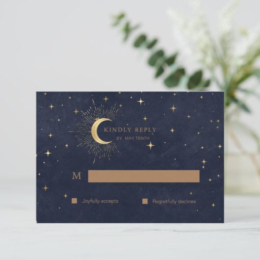 Celestial Quinceanera Moon Gold RSVP Response Kaar (Staand voorkant)