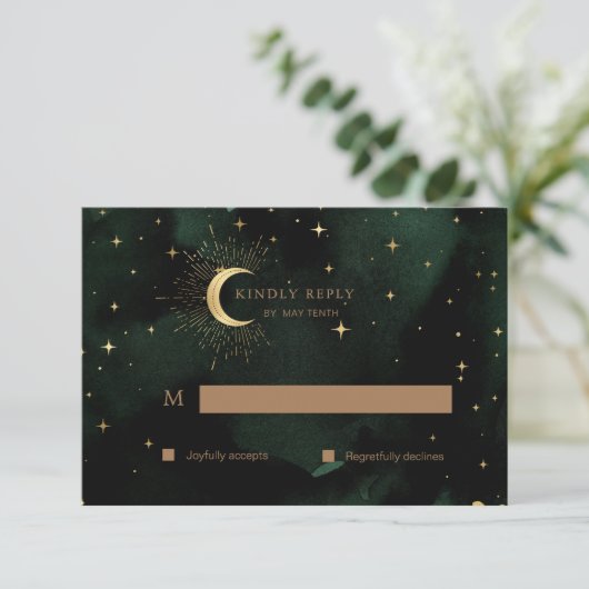 Celestial Quinceanera Moon Gold RSVP Response Kaar Kaartje (Staand voorkant)
