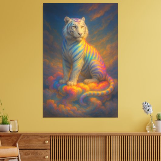 Celestial Rainbow White Tiger – Fantasy Art Painti Canvas Afdruk (Insitu (Woonkamer))