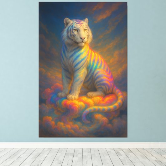Celestial Rainbow White Tiger – Fantasy Art Painti Canvas Afdruk (Insitu (Houten vloer))