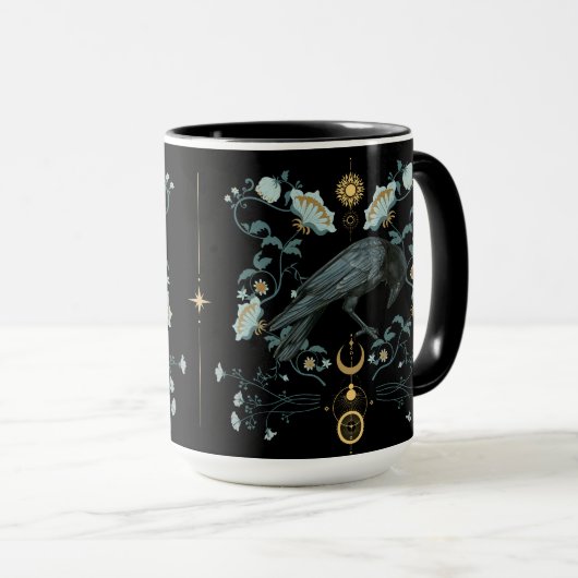 Celestial Raven Coffee Mok Viking Pagan Botanical (Voorkant rechts)
