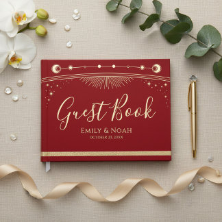 Celestial Red Gold Sun Moon Stars Wedding Gastenboek