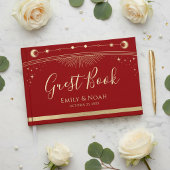Celestial Red Gold Sun Moon Stars Wedding  Gastenboek