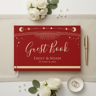 Celestial Red Gold Sun Moon Stars Wedding Gastenboek