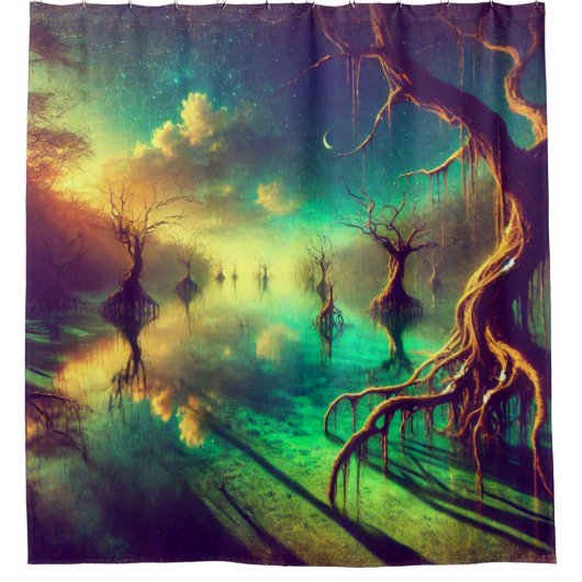 Celestial Reflections – Surrealistische landschaps Douchegordijn (Voorkant)