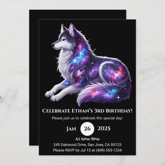 Celestial Resting Wolf Birthday Invitation Kaart (Voorkant / Achterkant)