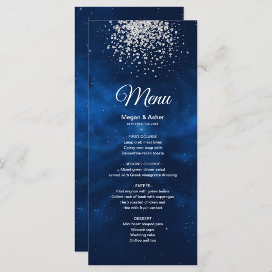 Celestial Romantic Blue Universe Silv Glitter Menu (Voorkant / Achterkant)