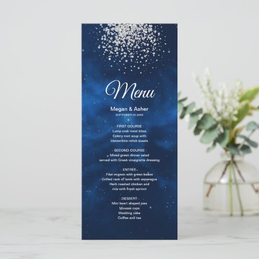 Celestial Romantic Blue Universe Silv Glitter Menu (Staand voorkant)