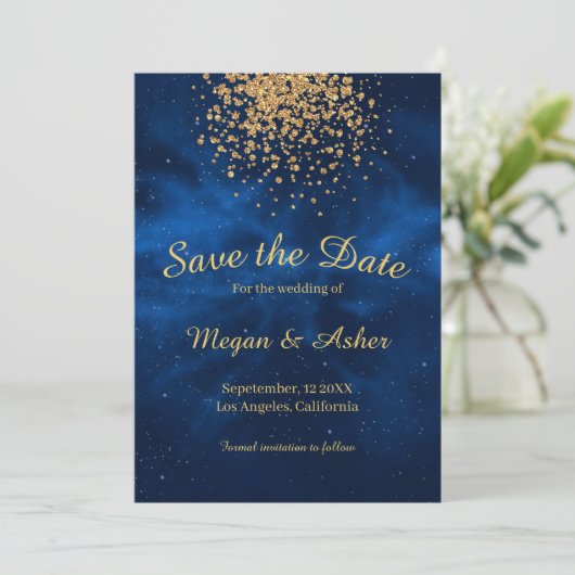 Celestial Romantic Modern Blue Universe Save The Date (Staand voorkant)