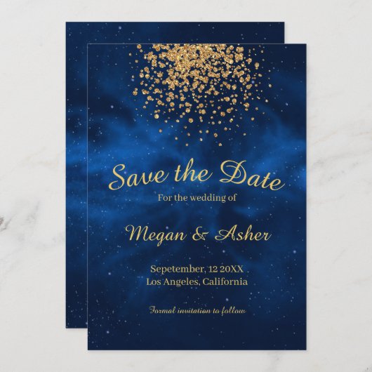 Celestial Romantic Modern Blue Universe Save The Date (Voorkant / Achterkant)