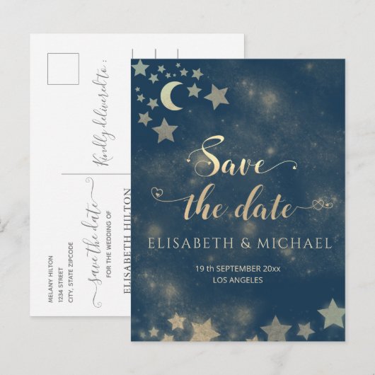 Celestial romantic moon and sterren calligraphy an aankondigingskaart (Voorkant / Achterkant)