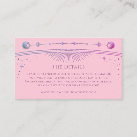 Celestial Roze Paarse bruiloft details Mystiek Informatiekaartje (Voorkant)
