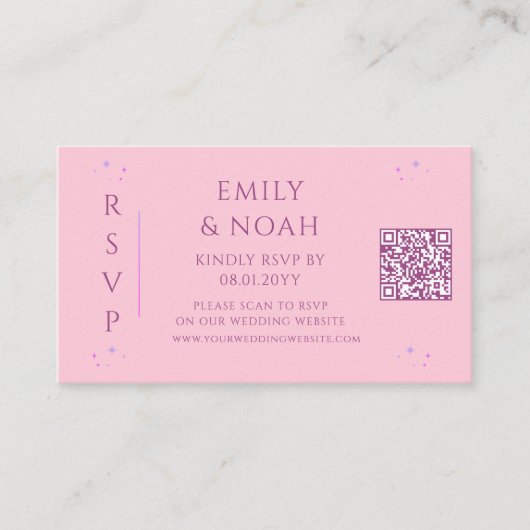 Celestial Roze Paarse Budget QR Code RSVP Huwelijk Informatiekaartje (Voorkant)