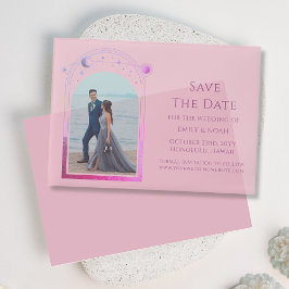 Celestial Roze Paarse foto bruiloft Bewaar de datu Vellum Uitnodigingen