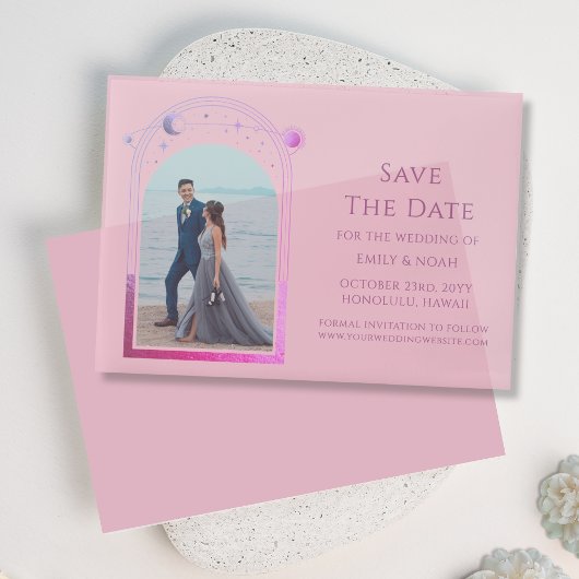 Celestial Roze Paarse foto bruiloft Bewaar de datu Vellum Uitnodigingen