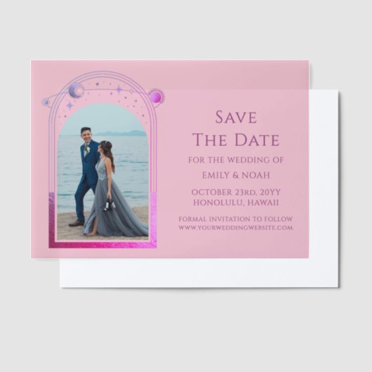 Celestial Roze Paarse foto bruiloft Bewaar de datu Vellum Uitnodigingen (Offset)