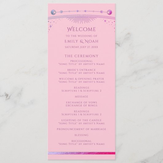 Celestial Roze Paarse Zon Maan Sterren Huwelijk Programmakaart (Voorkant)