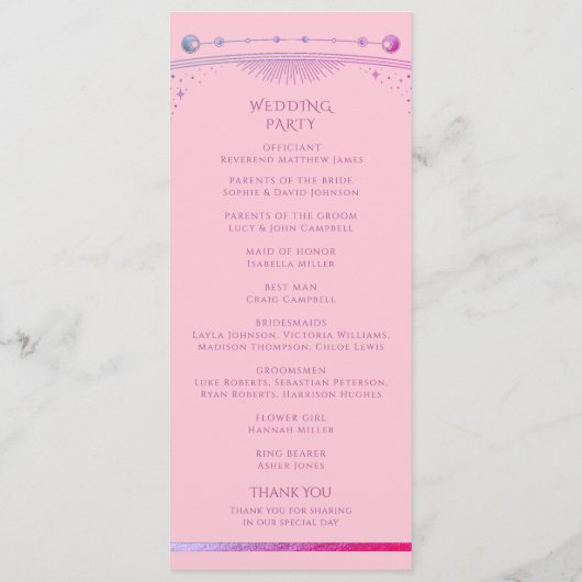 Celestial Roze Paarse Zon Maan Sterren Huwelijk Programmakaart (Achterkant)