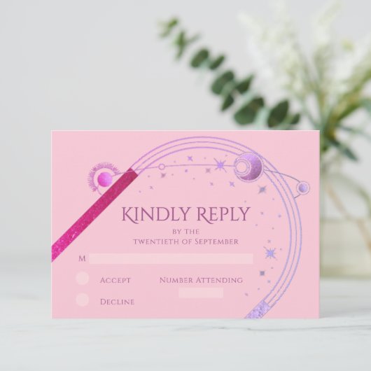 Celestial Roze Paarse Zon Maan Sterren Huwelijk RSVP Kaartje (Staand voorkant)